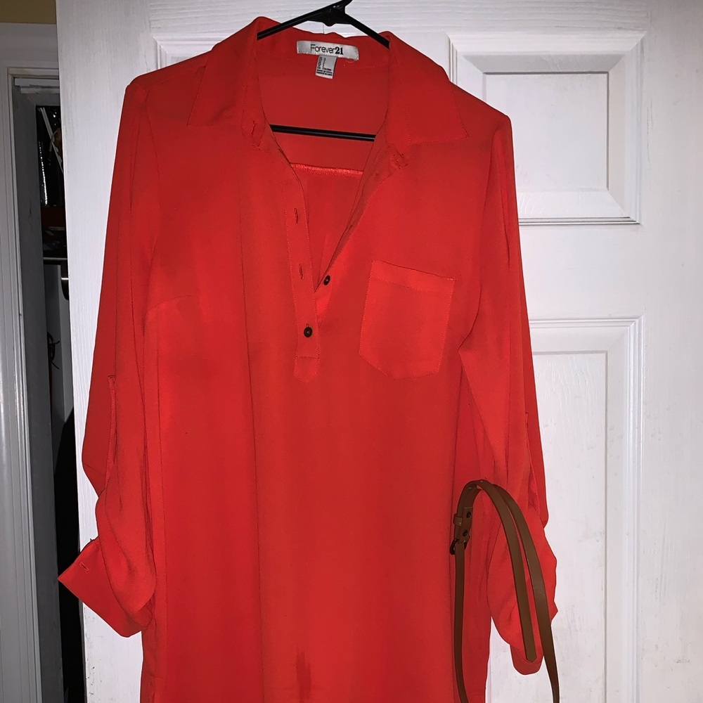 Beautiful orange longsleeve blouse with brown belt